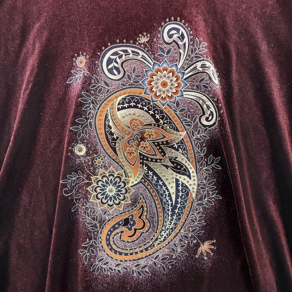 Vintage Casual Land Shirt Women One Size Red Paisley Velour Slit Sleeve Boho Top - Picture 5 of 16